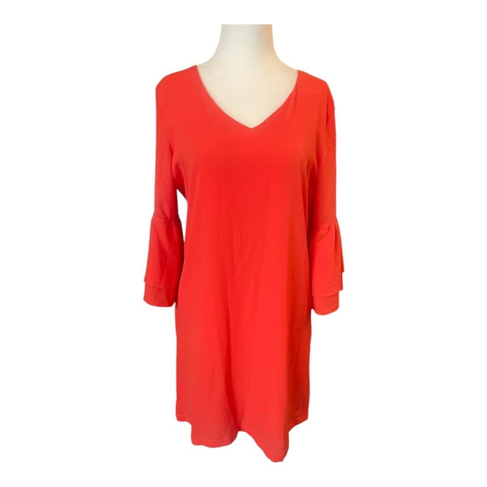 Belongsci Women’s Orange Midi Dress V-Neck Bell Sleeve Shift Classic Size S NWT